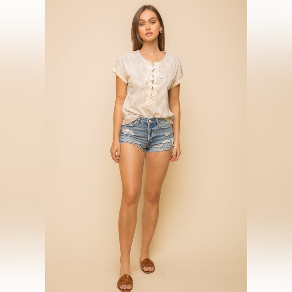 123. Short Set Lace Up Knit Top Pin Stripe Shorts Taupe/Mustard/Ivory - Picture 7 of 8